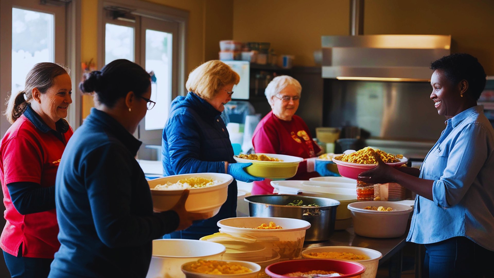 Volunteers preparing and serving food